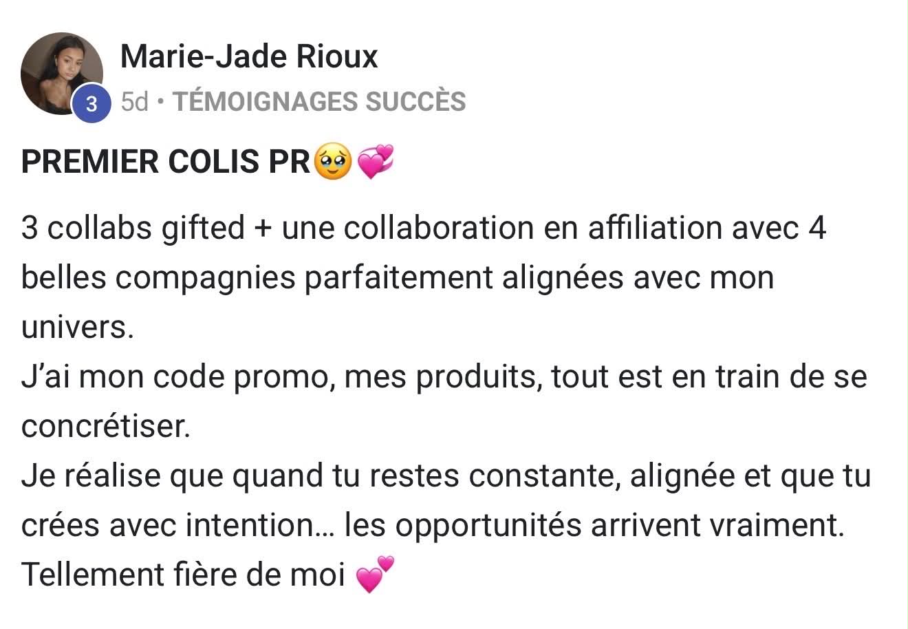 Marie-Jade Rioux — premier colis PR : 3 collabs et une affiliation